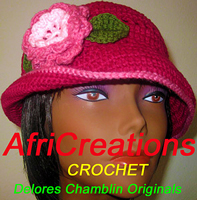 Delores Chamblin's Pink Flower with Green Leaves Signature Crochet Cotton Hat with Brim
