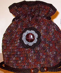Unique Earth Tone Browns Crochet Drawstring Bag with Large Wood Button by Delores Chamblin 