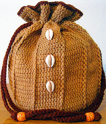 Natural Crochet Unique Drawstring Bag with Cowrie Shells & Wood Beads by Delores Chamblin