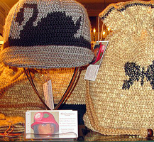Tapestry Crochet Black Swan Gray Cap with Bill & Black Butterfly Natural Crochet Drawstring Bag by Delores Chamblin 