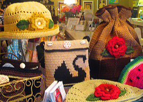 Gold Green Red Floral Crochet Cotton Hats, Drawstring Bag, Fancy Black Swan & Watermelon Cases by Delores Chamblin
