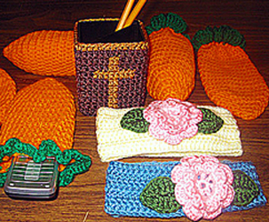Crochet Floral Headbands, Carrot Pouches & Cross Pencil Cup by Delores Chamblin