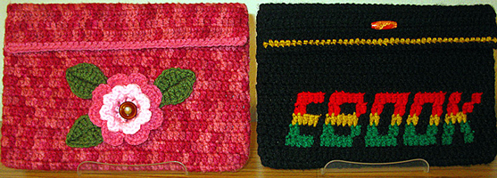 Pink Flower with Leaves and Wood Button & Red Gold Green Black Crochet Ebook Cases