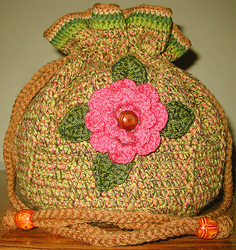 Pink Rose Flower Green Leaves Wood Button Crochet Drawstring Bag by Delores Chamblin