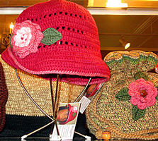 Pink & Green Floral Crochet Cotton Hat with Brim & Fancy Rosy Floral Drawstring Bag by Delores Chamblin