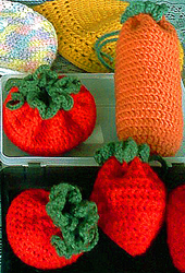 Strawberries & Carrots Crochet Drawstring Pouches by Delores Chamblin