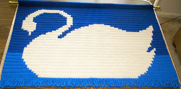 White Swan in Blue Lake Crochet Tapestry Rug Wall Hanging by Delores Chamblin