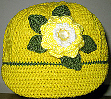 Yellow Crochet Rose Cap Green Leaves Bright Crystal Button Ribbed Stitches